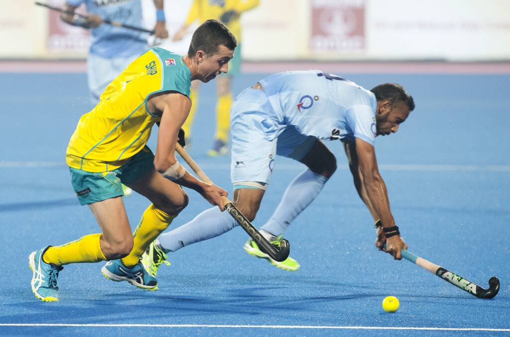 Lachlan Sharp in action in his debut game against India. Picture: INTERNATIONAL HOCKEY FEDERATION
