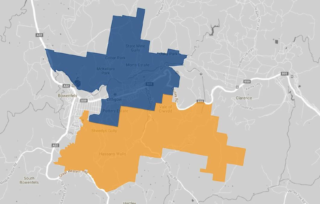 This map from the subsidence advisory website shows the current 'Lithgow district' mine subsidence area in blue and the new 'Lithgow South district' in yellow that will take effect from July 1 2017.