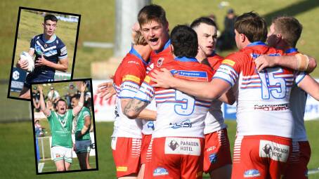 The Mudgee Dragons celebrate a try and (inset, from top) Harry Wald of Orange Hawks and Dubbo CYMS' Ben Marlin.