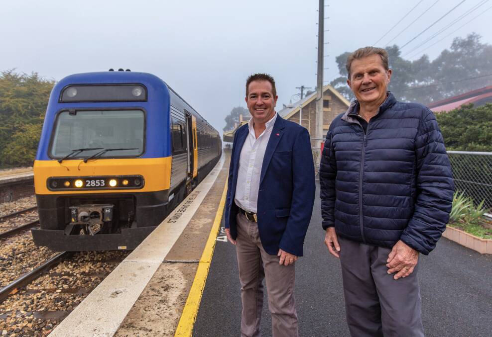 BATHURST BULLET: Bathurst MP Paul Toole with Bathurst Bullet advocate John Hollis at Bathurst Railway Station last Saturday morning welcoming news a second daily return service to Sydney will start operating before the end of the year. 