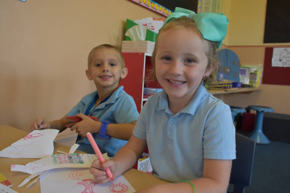 Ready to learn: Ellias O'Connor and Acacia Leonard were one of many new faces in Lithgow Public Schools 2019 Kindergarten class. Photo: Kirsty Horton.