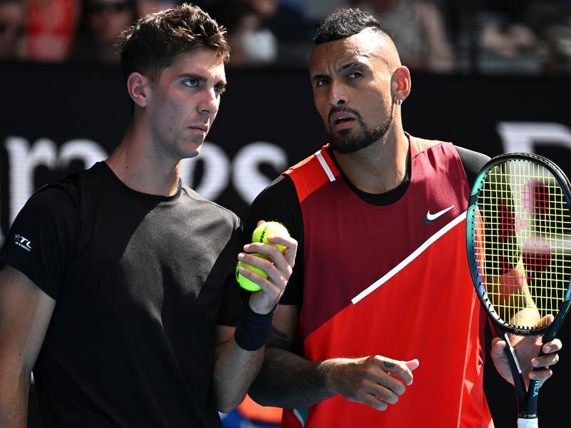 Thanasi Kokkinakis (left) and Nick Kyrgios are tipped to win the all-Aussie Open doubles final.