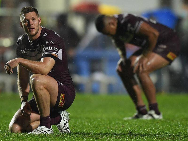 Manly's Corey Waddell reacts after the Warriors beat the Sea Eagles 26-22 at Lottoland on Friday.