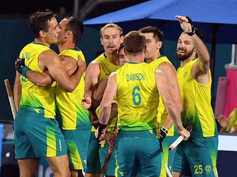 The Kookaburras celebrate a goal during a 2-1 win over England that moved them through to the final.