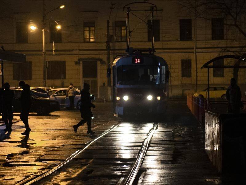 A tram travelling in Kyiv during a blackout caused by Russian missile attacks on infrastructure. (AP PHOTO)