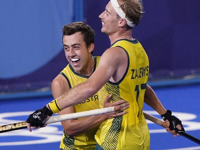 GO FOR GOLD: Lachi Sharp sealed the victory sending Australia through to the Tokyo men's hockey gold medal match. Photo: AAP.