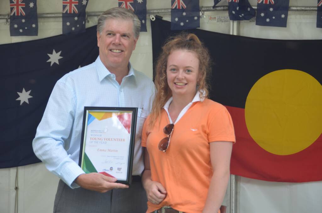 YOUNG VOLUNTEER OF THE YEAR: Emma Martin with guest speaker Bob Turner at the 2018 Australia Day celebrations. Picture: PHOEBE MOLONEY. 