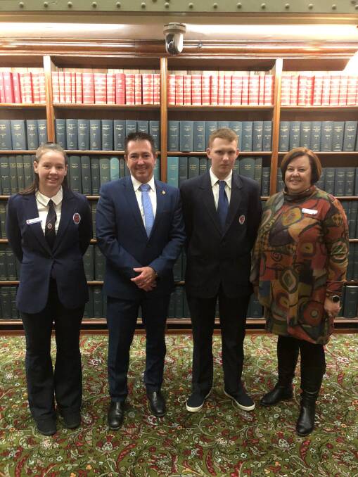 NSW PARLIAMENT: Bathurst MP Paul Toole at Parliament House with Alexis Cathie, Darion Williams and teacher Jodie Mason from Portland Central School. Pictures: SUPPLIED. 