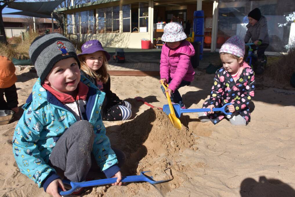 LOVING PRESCHOOL: Pied Piper Preschool Wallerawang students Eli Scott, Roby Lowry, Laura Su and Lexie Goode hard at work in the sandpit. Pictures: KIRSTY HORTON. 
