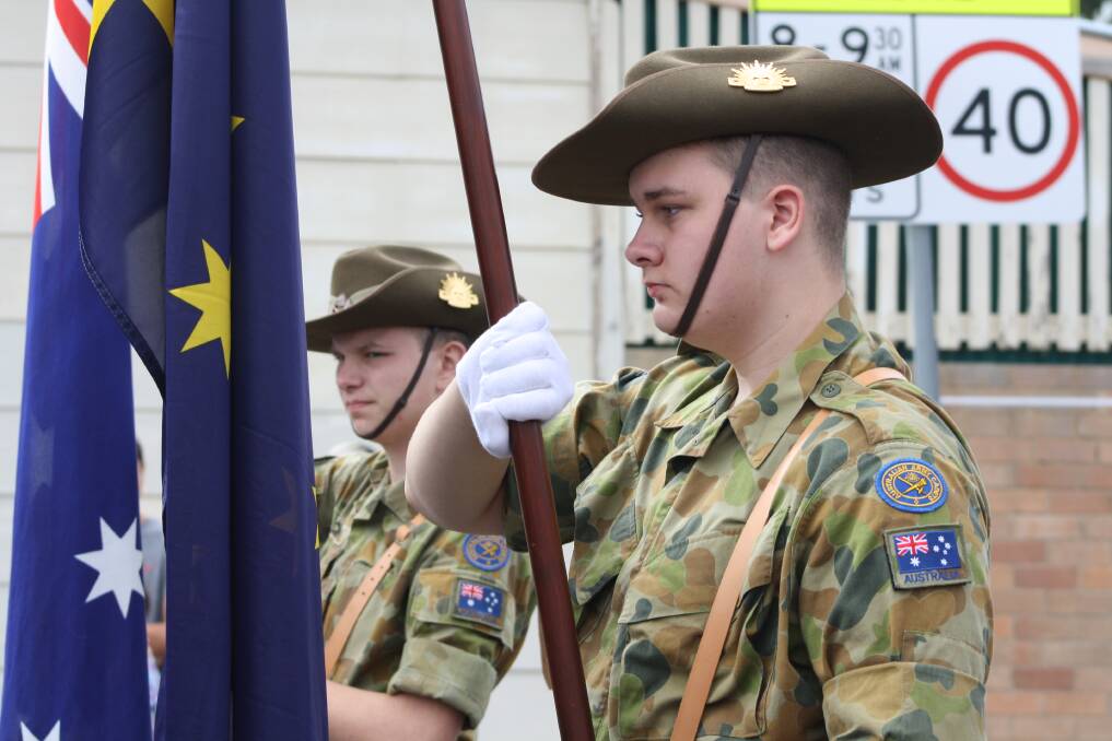 TRIBUTE: Dylan Adnum and Jayden Hutchison at the Lithgow Anzac Day march. Picture: KIRSTY HORTON. 