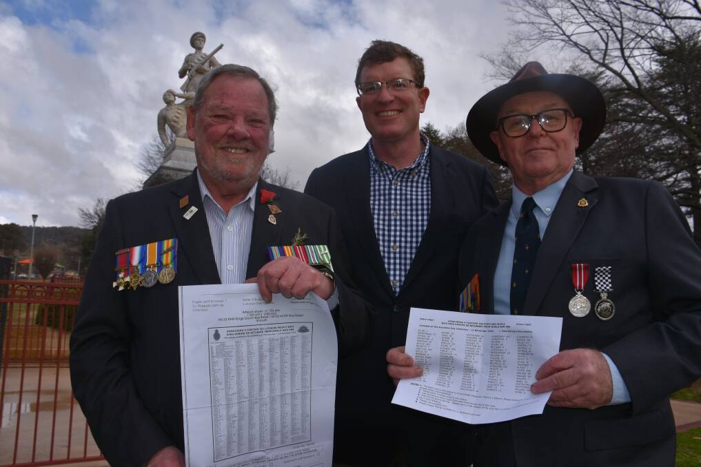 Returned servicemen Ian Burrett, Member for Calare Andrew Gee and Portland RSL sub-branch president Norman Richardson with the lists of updated names for the Lithgow and Portland WWI commemorative plaques.