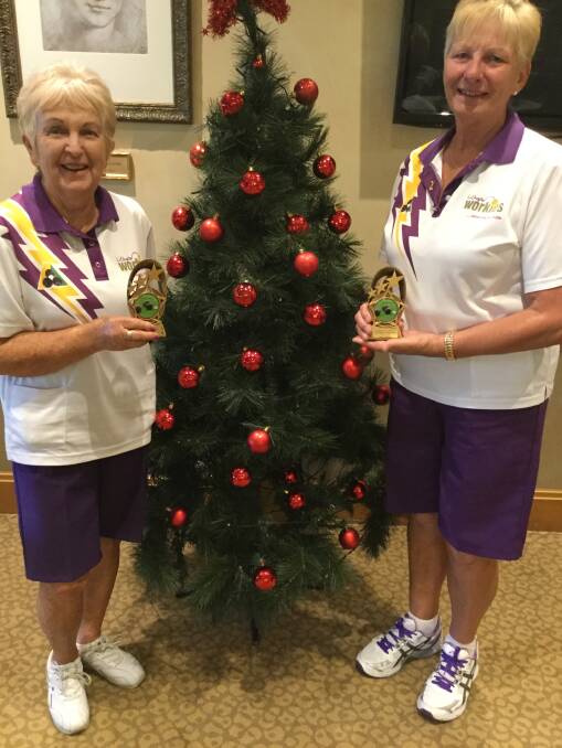 WINNERS: Ruth Harries selected pairs champs, Dianne Crook and Lesley Townsend.
