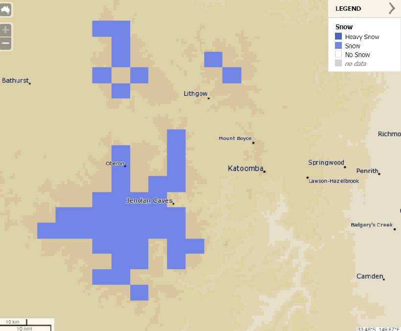 The Bureau of Meteorology's MetEye map prediction for snow in the region early on Saturday morning. Picture: METEYE. 