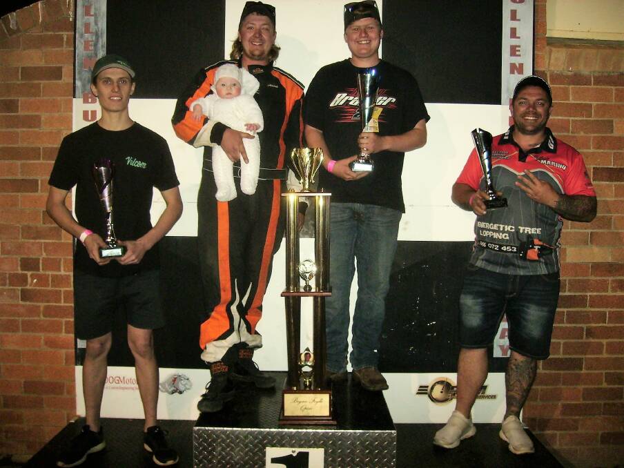 BRYAN FOYLE OPEN PODIUM: Second Blake Eveleigh,first Mitchell Duggan with his baby daughter and Corey Foyle and third Chris Marino. Picture: LES TAYLOR.