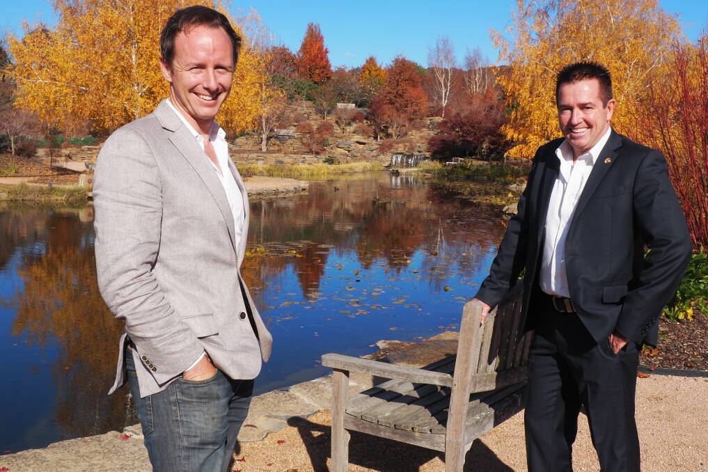 A PICTURESQUE SPOT: Bathurst MP Paul Toole with Mayfield Garden CEO Hamish Keith. Picture: SUPPLIED. 