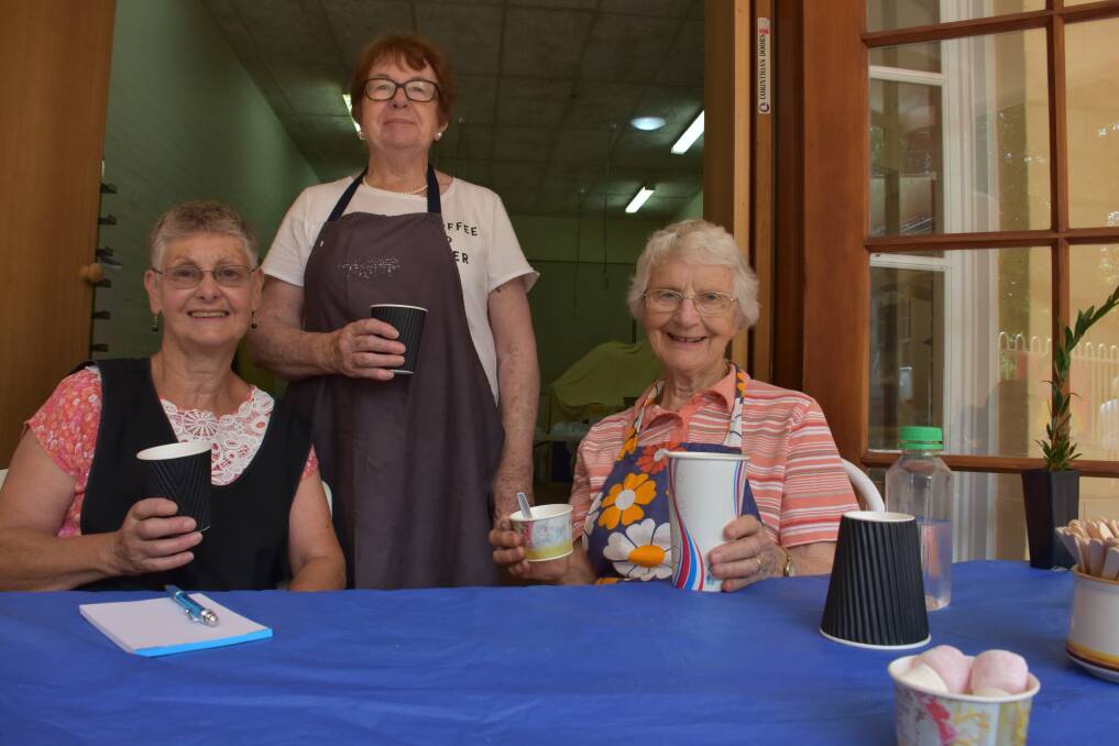 CUPPA TIME: The sun shone for the Hoskins Uniting Church fete on Saturday, February 24. Pictured are Helen Drewe, Pat Ciosmak and Liz Lovett. Picture: PHOEBE MOLONEY. 