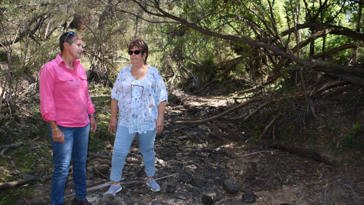 DRY: Residents Lyn Mickklesson and Pam Day in the dry river bed at Hartley Vale. Picture: KIRSTY HORTON. 