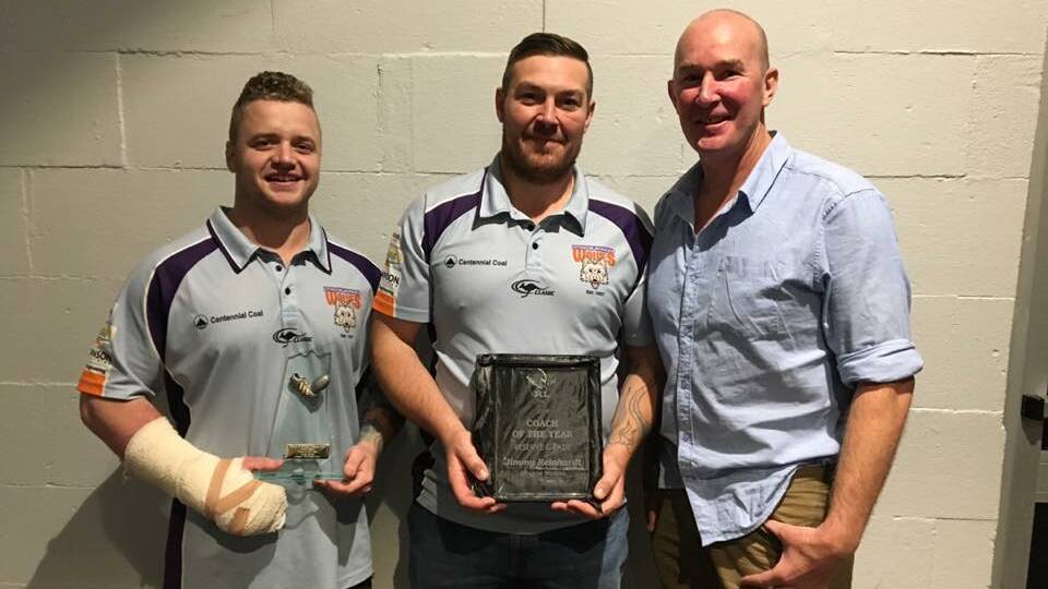 GROUP 10 PRESENTATION: Reserve grade player of the year Jake Gale, reserve grade coach of the year Jimmy Reinhardt and Workies Wolves president Anthony Brown. Picture: SUPPLIED.