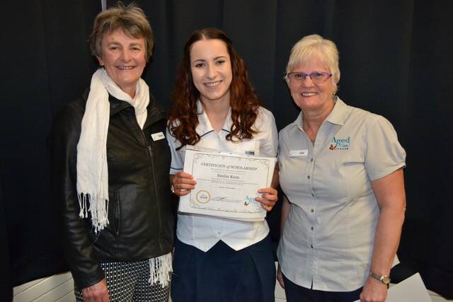 SCHOLARSHIP: Lithgow Aged Care chairperson Olwyn King and care manager Lisa Thompson congratulate scholarship winner Emilia Keen. Picture: SUPPLIED. 