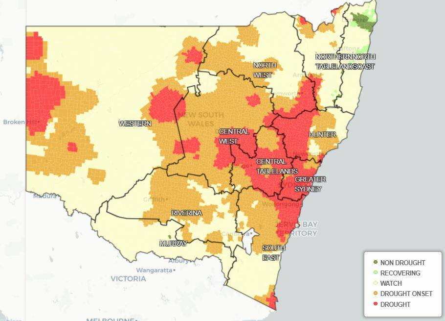 Drought areas as mapped by the Department of Primary Industries website. 