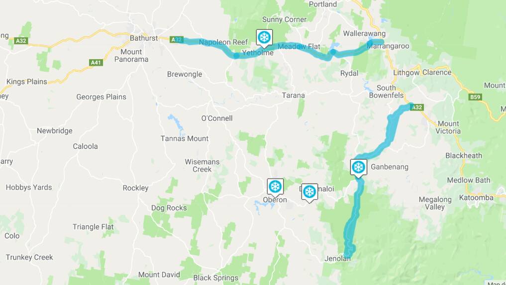 The sections of road closed due to ice and snow on Sunday, August 11. Map from Live Traffic NSW. 
