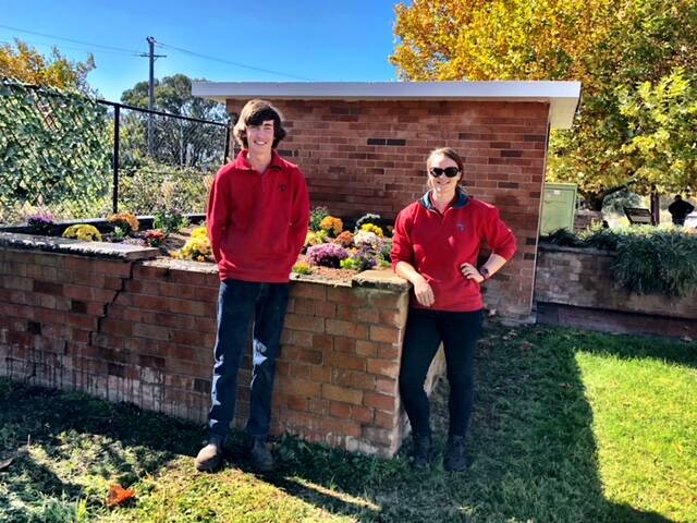 WORKING HARD: Jess and Emily from Bunnings’ Community Projects Program in Pioneer Park. Picture: SUPPLIED. 