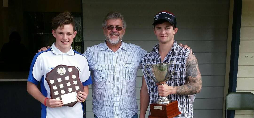 ALL SMILES: Ethan Howard of ‘The Boys’ B Grade winners, Phil Sharp, Ben Sheehan of ‘Cotton Runts’ A Grade winners in 2017. Picture: SUPPLIED. 