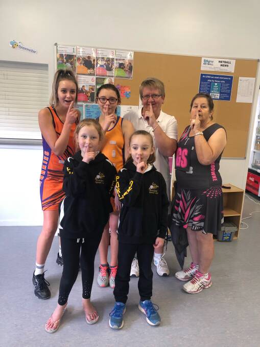 NETBALL FUN: (Back) Montana Logue, Shay Spillett, Denise Nightingale and Rose Rust, (front row) Hannah and Kealey Sheehan. Picture: SUPPLIED. 