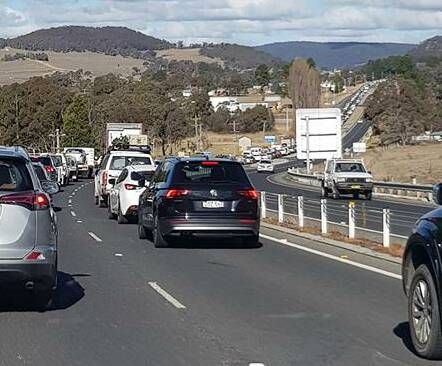Traffic Jam: The traffic east-bound coming into Lithgow at about 1pm on Monday afternoon. Picture: Stacie Bray. 