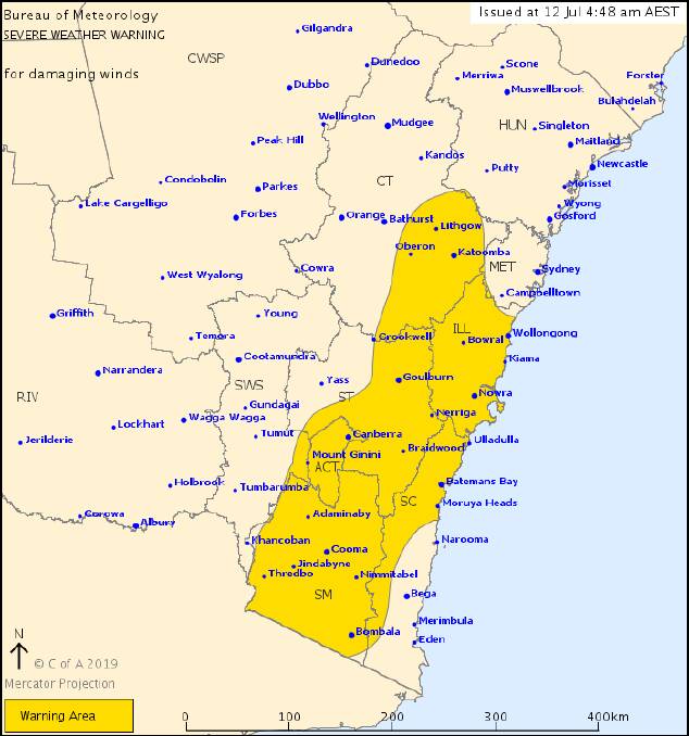 The area to be affected by high winds. Picture: Bureau of Meteorology. 