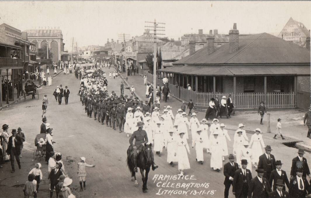 CROWD: Armistice celebrations in Lithgow on November 13, 1918. Picture: C M Cuthbert, Lithgow, from the Reg Northey Collection, Eskbank House Museum. 