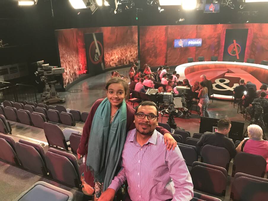 STUDIO: Lithgow’s Usman Mahmood and his nine-year-old daughter caught the bus provided to Lithgow residents to Q&A. Picture: SUPPLIED. 