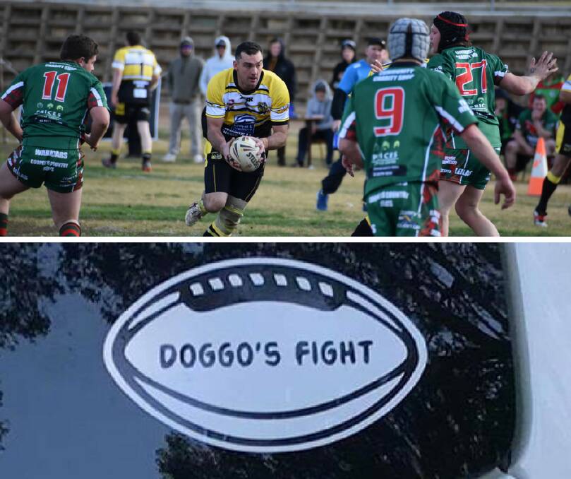 DOGGO'S FIGHT: Nathan Doggett in action on the field for Portland Colts and (below) the stickers produced. 