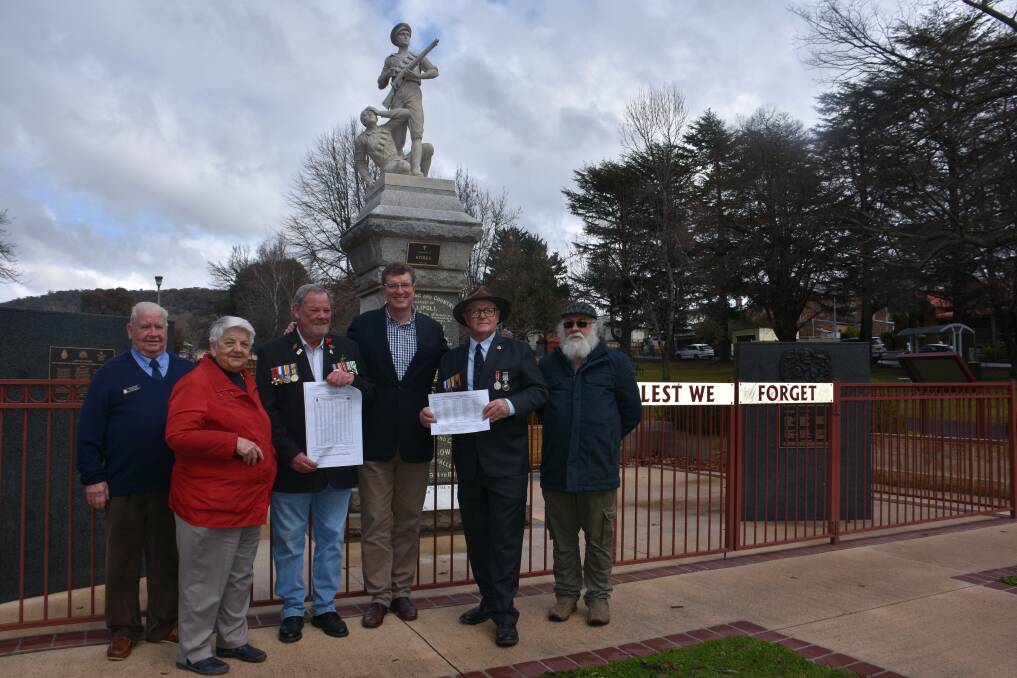 ADDING NAMES: Representatives of the Lithgow WWI Commemorative Plaque Project Inc John Barlow, Sue Graves, Ian Burrett, Calare MP Andrew Gee, Portland RSL sub-branch president Norman Richardson and Lithgow City Councillor Steve Ring. Picture: KIRSTY HORTON.   