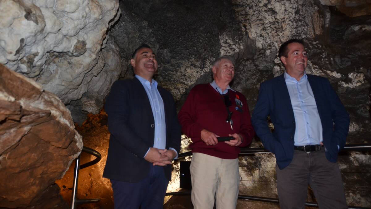 NSW Deputy Premier John Barilaro and Bathurst MP Paul Toole on a guided tour of one of the caves following the announcement. 