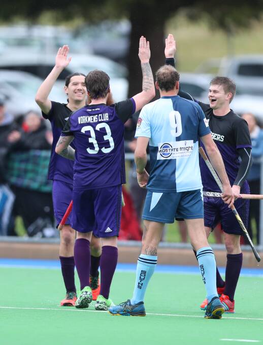 BIG GAME: Brandon Horner (right) gives his Lithgow Panthers team-mates Taylor Dolbel and Jacob Townsend a high-five. Photo: PHIL BLATCH