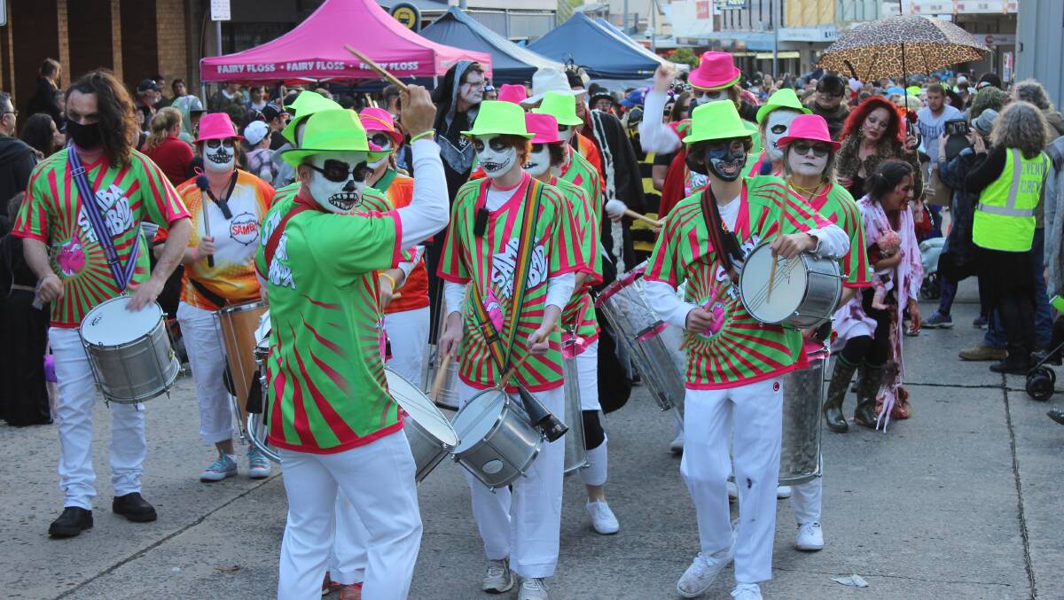 NOT QUITE THESE DRUMS: This is the Samba drumming band Samba Trombada from Halloween, but you get the idea. Picture: LITHGOW MERCURY. 