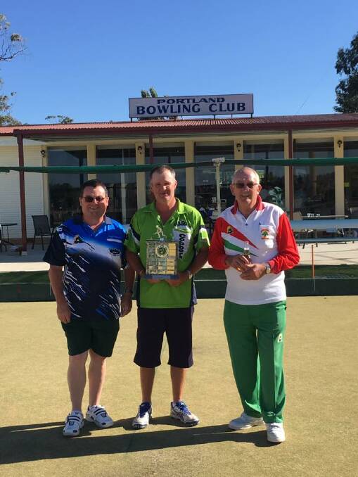TRIPLES CHAMPS: Craig, Darrin and Noel Elbourn at Portland Bowling Club. Picture: SUPPLIED. 