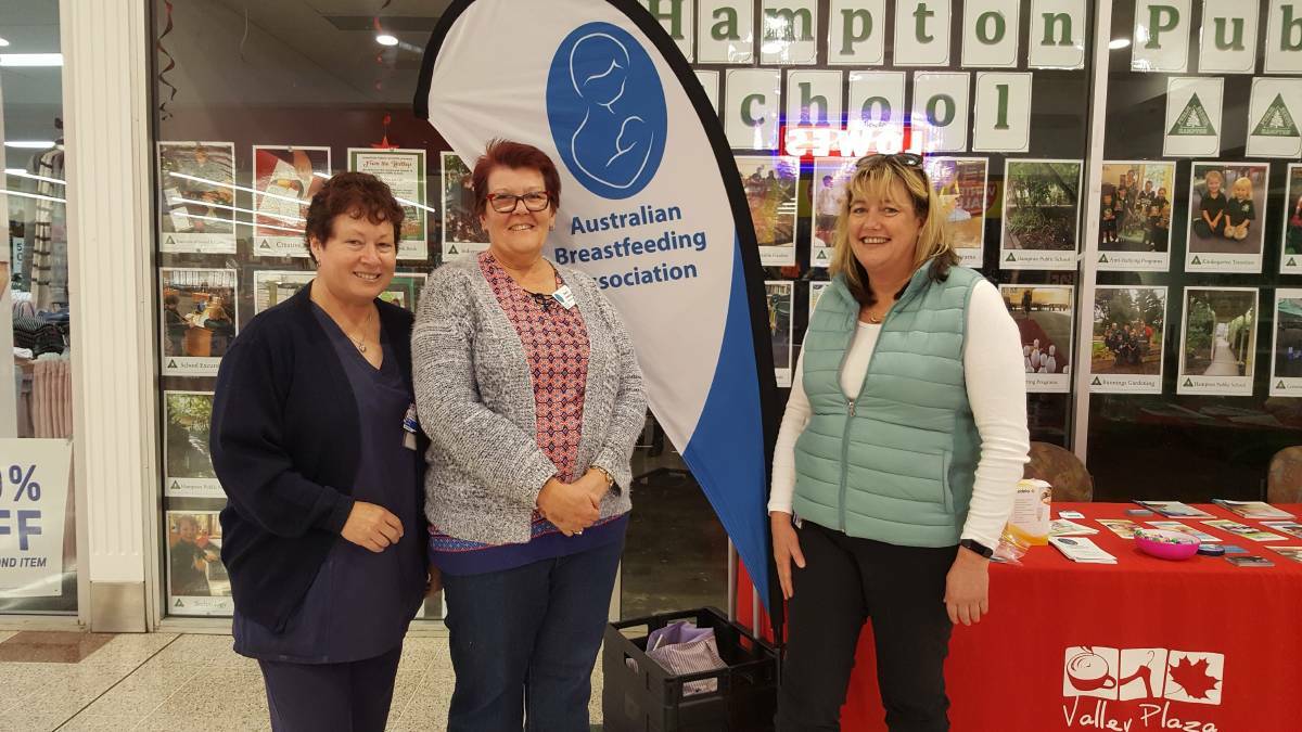 EDUCATION Debbie Gaynor, Midwife Midwifery Educator with Sheryl Hampson, Australian Breastfeeding Association and Tracey Field, Child and Family Health Nurse Lithgow at World Breastfeeding Day celebrations. Picture: SUPPLIED.