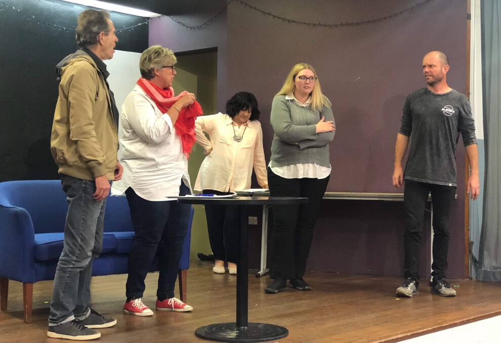 AWKWARD: Ross Yates, Kylie Pearce, Sandra Gordon, Emma Francis and Matt Trounce in rehearsal for 'Looking for Love'. Picture: SUPPLIED.  