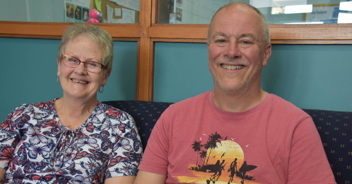 A LOT TO SMILE ABOUT: Jeff Thurlow and his support worker Kas Hilton drop in to the Lithgow Mercury office. Picture: KIRSTY HORTON. 