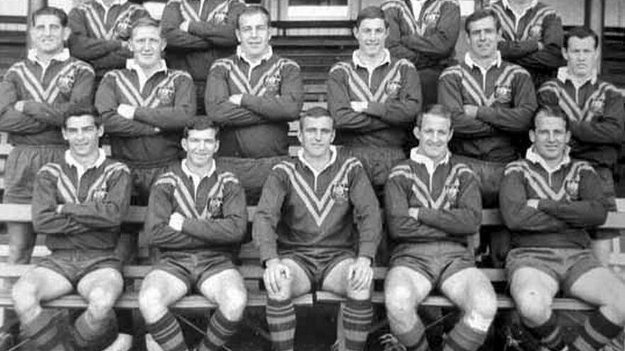 THE 1963 KANGAROOS: The Australian test team that took on France that was captained by Reg Gasnier and boasted Lithgow’s Barry Rushworth and former Shamrocks coach Brian Hambly. The full side is back row from left, Billy Smith, Brian Hambly, Graeme Langlands and Jim Lisle; Middle, Paul Quinn, Graham Wilson, Dick Thornett, Michael Cleary, Ken Thornett and Barry Rushworth; front, Ken Irvine, Johnny Gleeson, Reg Gasnier (captain), Johnny Raper and Noel Kelly.  	lm05141614bowser
