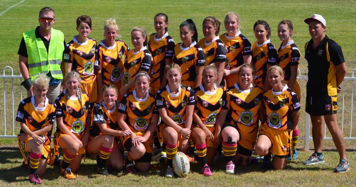 PORTLAND FILLIES: Back row from left, Dylan Battersby, Joanne Battersby, Bianca Griffiths, Casey Schmack, Nikki Cutting, Codie McMahon, Nicole Willmott, Courtney Battersby,
Cassie Ford, Kayla Nugent and Kyle Willmott; front, Melissa James, Jessica Bennett, Maggie O’Bree, Jess Denley, Tiarne Newham, Laura Miller, Bec Clenton and captain Sarina
Griffiths.