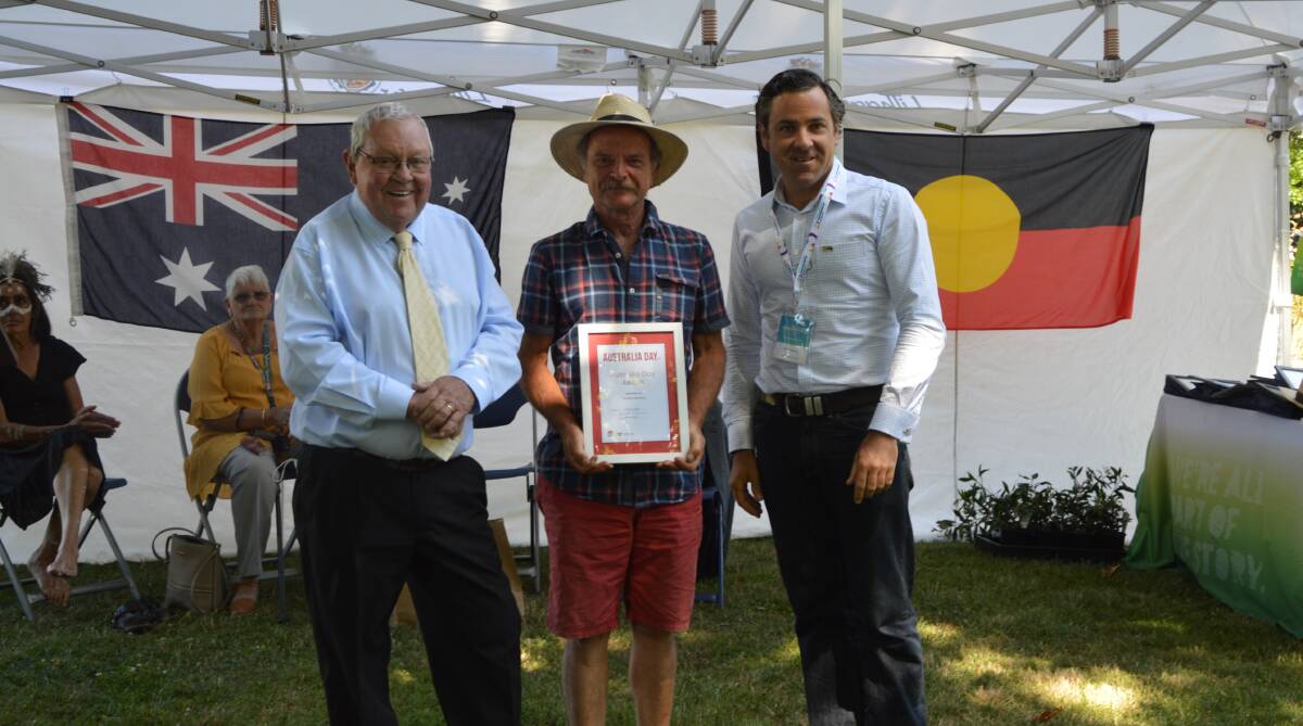 CITIZEN ACHIEVEMENT: Award winner Thomas Ebersoll with mayor Ray Thompson and ambassador Peter McLean on Australia Day.