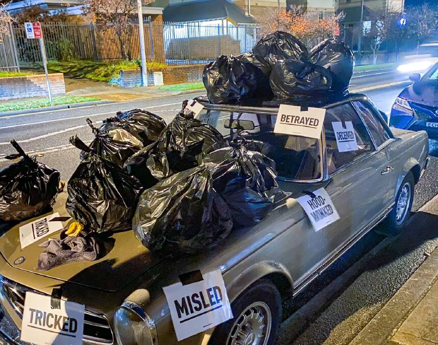 SAY NO: A less than subtle protest parked out front when Lithgow Council again debated the Wang waste energy issue this week. Photo: Mark Hodges). 