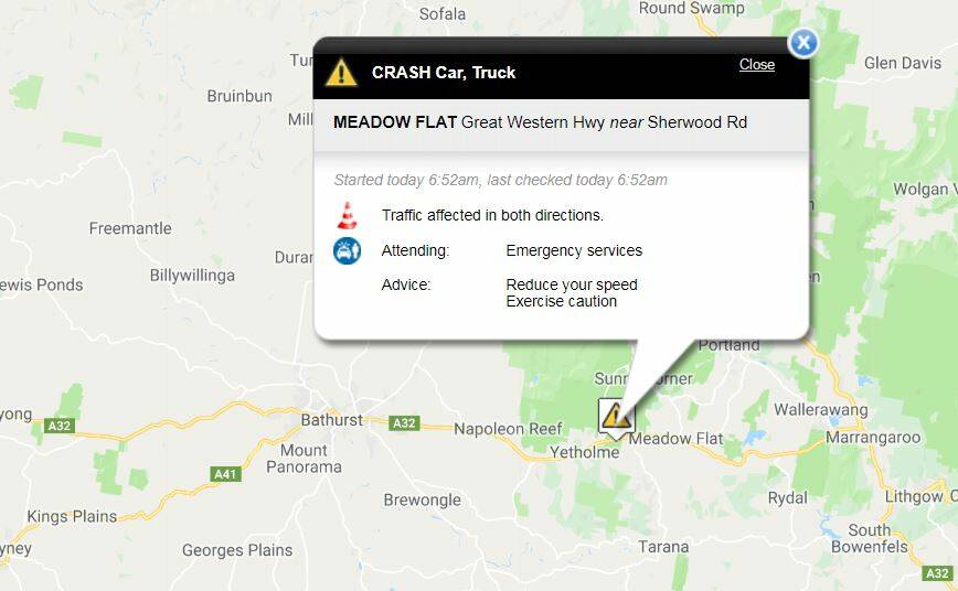 CRASH SCENE: The car and truck crash is at Meadow Flat, on the Great Western Highway between Lithgow and Bathurst. Image: LIVE TRAFFIC