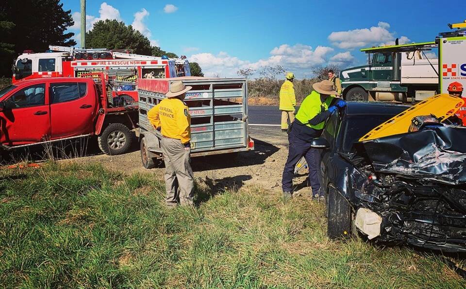 CRASH SCENE: Emergency services on scene at the two-car accident near Oberon. Photo: OBERON FRNSW