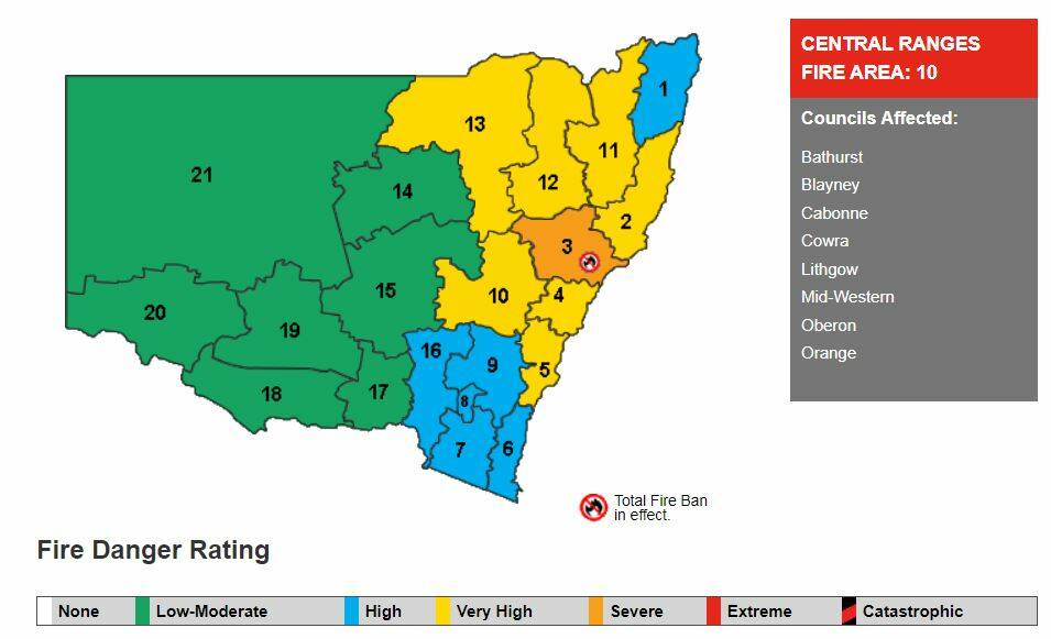 HOT, DRY: A very high fire danger rating is in place for the Central Ranges on Friday, October 4. Image: NSW RFS