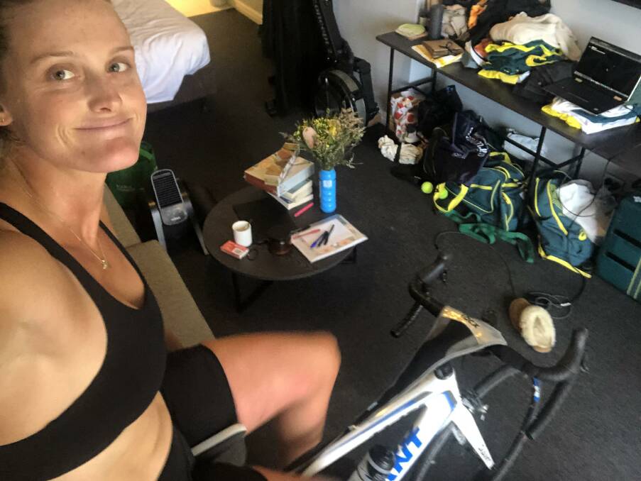 ON HER BIKE: Olympian Georgie Rowe's got an exercise bike and ergo in her hotel quarantine room to help pass the time. Picture: Supplied 