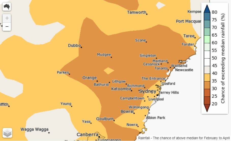 PREDICTIONS: The chance of above median rainfall for February to April. Image: BUREAU OF METEOROLOGY